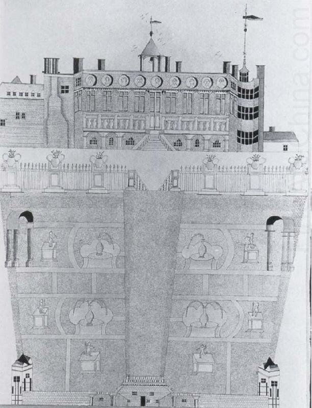 Aerial view ot the garden and east front of Hadham Hall, unknow artist